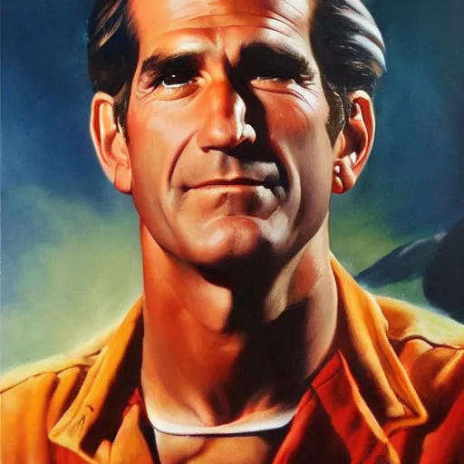 Prompt: ultra realistic portrait painting of scott bakula in a vintage movie poster, art by frank frazetta, 4 k, ultra realistic, highly detailed, epic lighting