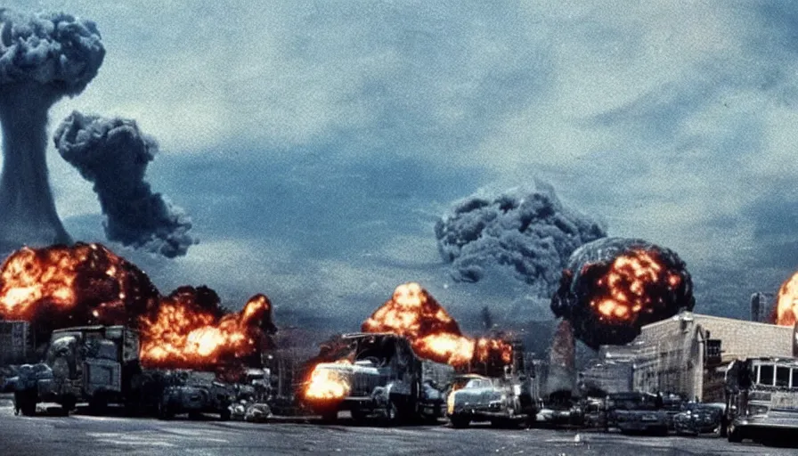 Image similar to big budget action movie about a nuclear explosion destroying a city