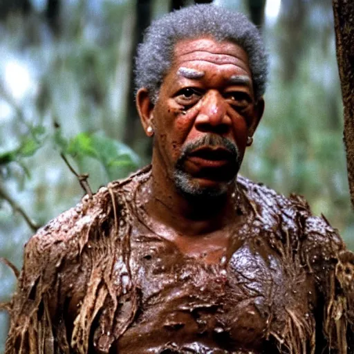 Image similar to cinematic still of morgan freeman, covered in mud and watching a predator in a swamp in 1 9 8 7 movie predator, hd, 4 k