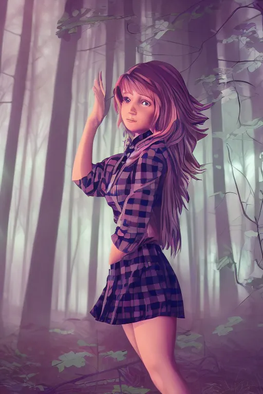 Image similar to sarah humpfrey as a girl in a dark forest, detailed plaid miniskirt, beautiful upper body, detailed face portrait, by dan mumford, anime style, octane render, trending on artstation