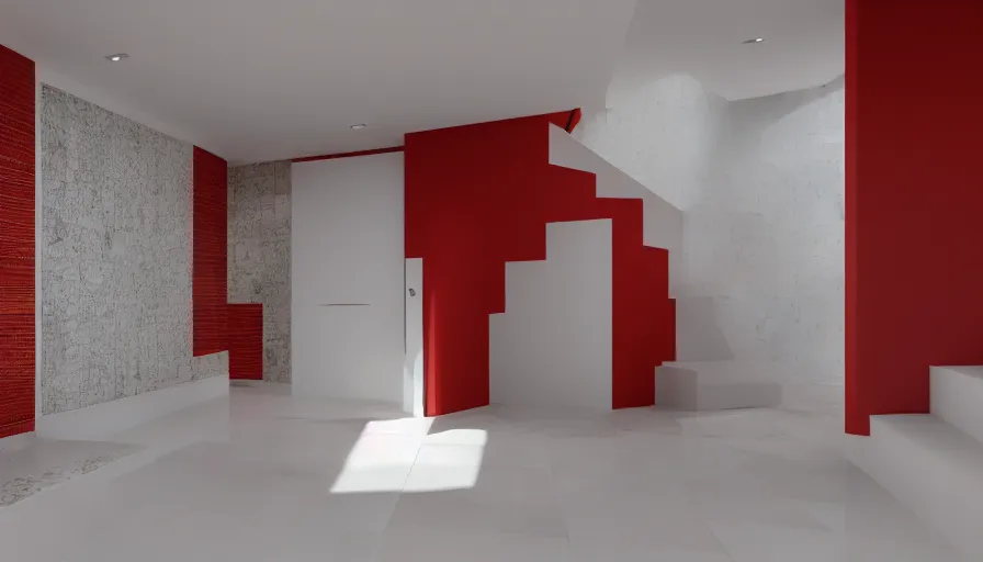 Prompt: interior photo of a ceramic tile house, octane render, minimalism, white and red colour palette
