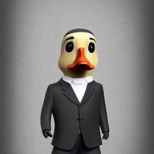 Image similar to a high detail photo of an antropomorphic duck wearing a suit, trending on artstation