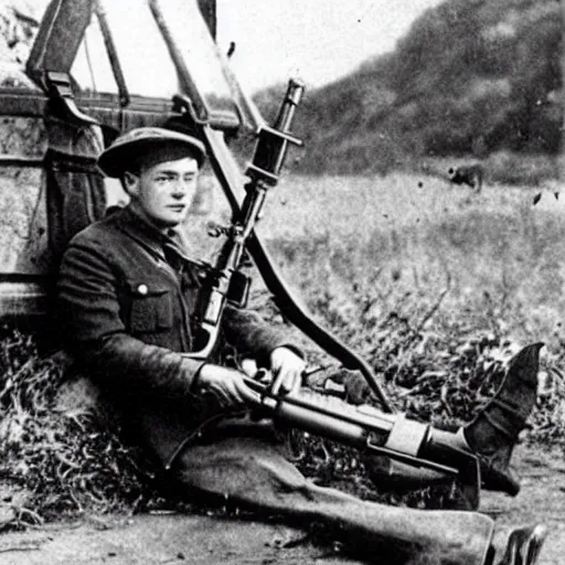 Prompt: old wartime photograph of elon musk holding a lewis gun, 1 9 1 7