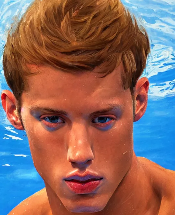 Image similar to portrait of a handsome young swedish swimmer, art by denys tsiperko and bogdan rezunenko, hyperrealism