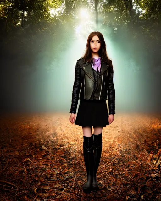 Prompt: hyperrealistic mithra young girl in her 20s intricate knee high black flat boots and leather jacket in a forest sun behind her concept art eric zener elson peter cinematic blue light low angle hd 8k sharp shallow depth of field