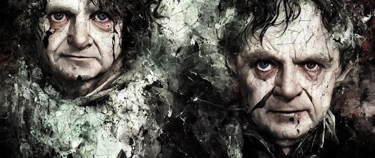 Image similar to portrait of scarry bilbo baggins from lord of the rings, jupscare scene with ian holm from fellowship of the ring by emil melmoth zdzislaw beksinki craig mullins yoji shinkawa realistic render ominous detailed photo atmospheric by jeremy mann francis bacon and agnes cecile ink drips paint smears digital glitches glitchart