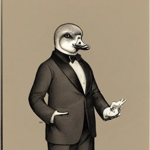 Image similar to a high detail photo of an antropomorphic duck wearing a suit, subject= duck, subject detail: wearing a suit, photorealism