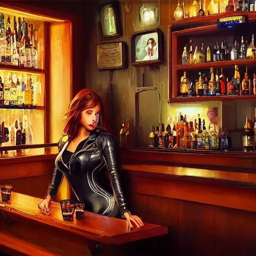 Image similar to highly detailed painting of a beautiful female wearing a skintight leather jacket in a bar, stephen bliss, 8 k, unreal engine, by greg rutkowski, loish, rhads, ferdinand knab, makoto shinkai and lois van baarle, ilya kuvshinov, rossdraws, tom bagshaw, global illumination, radiant light, detailed and intricate environment