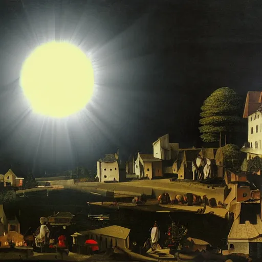 Image similar to dark solar eclipse, above a village, highly detailed, studio 4 k quality, by caravaggio