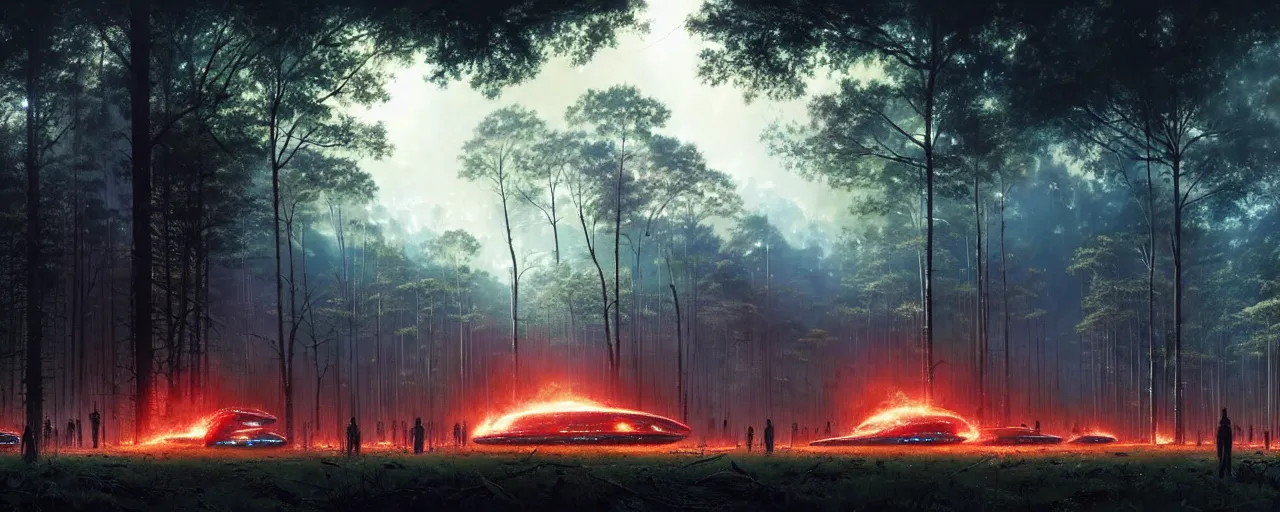 Prompt: a giant megastructure spaceship wrecked and lost in the forest, a small fire in the distance, powerful laser light and large festival sound system on the left close to the camera, detailed digital art by greg rutkowski.