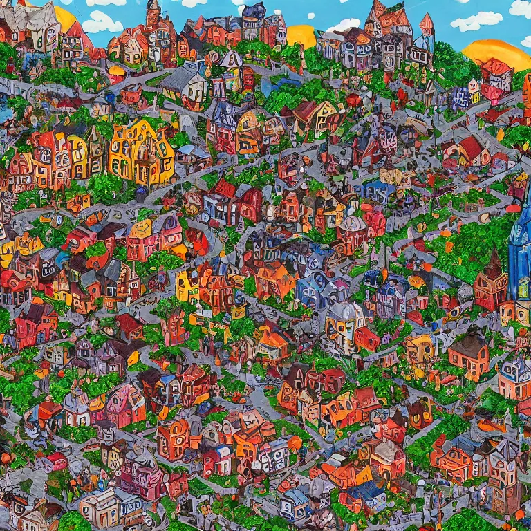 Image similar to very detailed painting of tiny people and monster town in wimmelbilder style