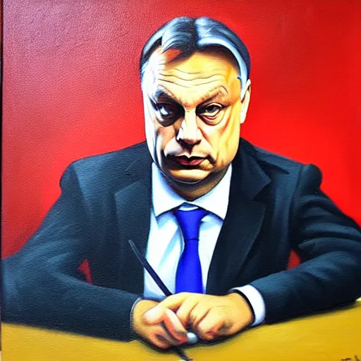 Image similar to viktor orban tiktok on his phone in a cubicle, oil painting