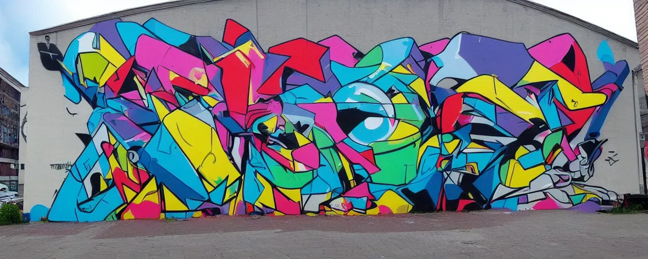 Image similar to a mural by loomit in street art style, graffiti painting, 3 d, perspective, dynamic, plastic!!