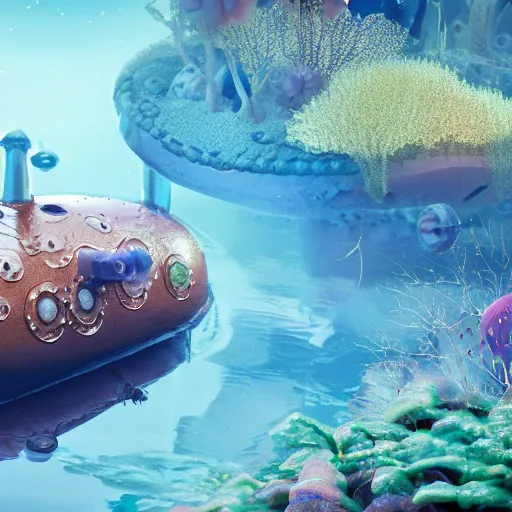 Image similar to tiny wooden submarine, floating, rbc, radiolaria, protophyta, micro - organisms, center frame, symmetric, rim light, marine microbiology, bioluminescence, electric, soft, concept art, intricate details, highly detailed, colorful, photorealistic, disney pixar, octane render, iridescent, anime, 8 k