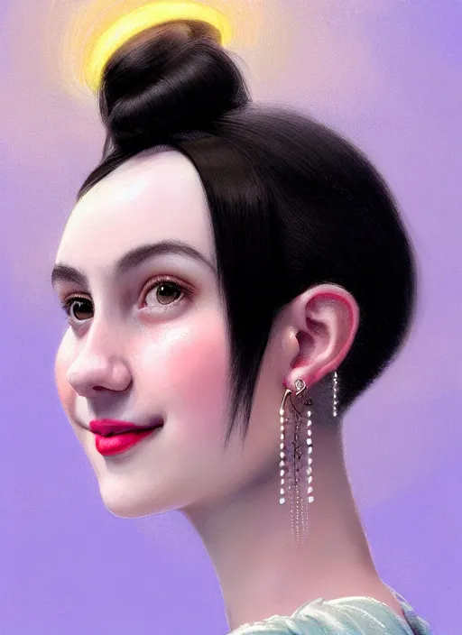 Image similar to portrait of white teenage girl, narrow face, short black hair, bangs, half updo hairstyle, buck teeth, smile, unattractive, defined jawline, long chin, wearing hair bow, earrings, intricate, elegant, glowing lights, highly detailed, digital painting, artstation, sharp focus, illustration, art by wlop, mars ravelo and greg rutkowski