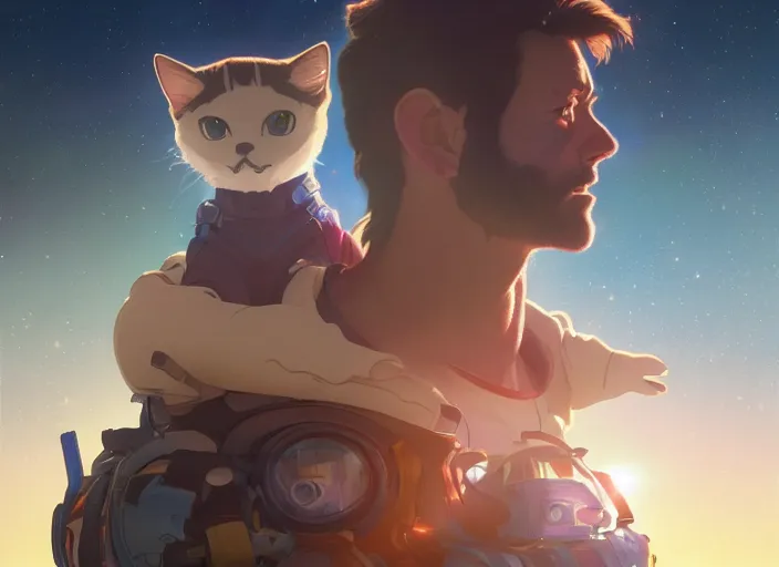 Image similar to a space handsome gay guys and their 1 0 pet space cats staring role in an awesome fun musical sci - fi space opera ghibli animated film, volumetric lighting, octane render by stanley artgerm lau, greg rutkowski, thomas kindkade, alphonse mucha, loish, norman rockwel, 8 k greg rutkowski