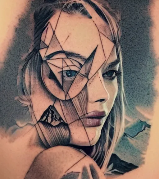 Image similar to tattoo design sketch double exposure of margot robbie with beautiful mountain scenery mash up, in the style of arlo dicristina, surrealist, amazing detail, sharp