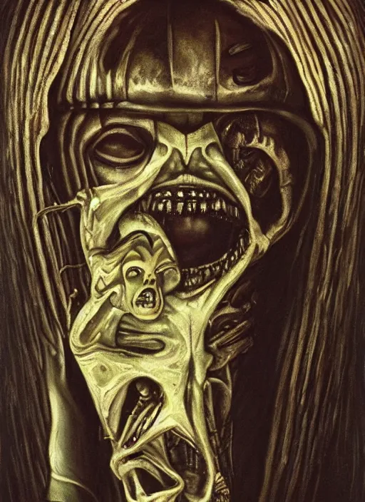 Image similar to portrait of zendaya with a little alien head for a tongue, necronom v, painting by h. r. giger