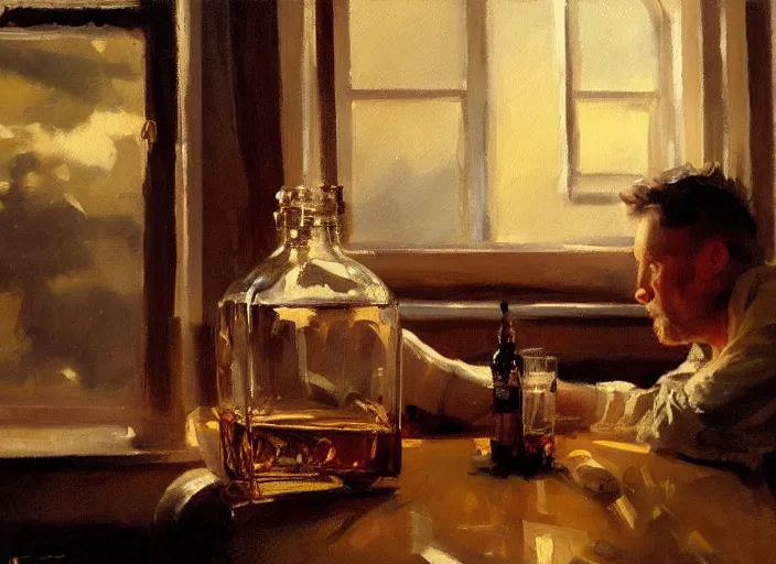 Image similar to oil painting of whiskey bottle, art by anders zorn, wonderful masterpiece by greg rutkowski, beautiful cinematic light, american romanticism by greg manchess, creation by tyler edlin