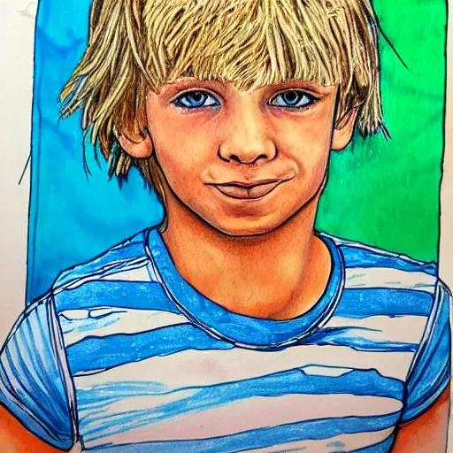 Image similar to of accurate and realistic representation of a close up portrait of a cute blue eyed blond hair boy. colored paints and colored inks on vellum.