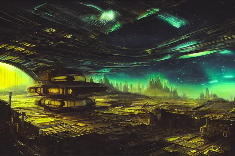 Prompt: spaceship favela honeybee hive, sci - fi interior environment, industrial factory, apocalyptic, jupiter, aurora borealis, award winning art, epic dreamlike fantasy landscape, ultra realistic,