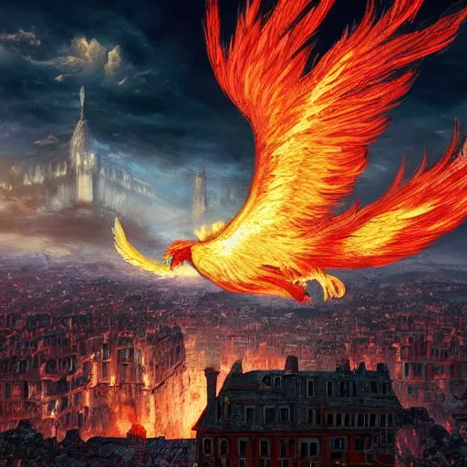 Image similar to a brightly flaming phoenix spreading its majestic wing on the sky above a medieval city seen from the street, digital art, highly detailed, dark colors, moody lighting, 8 k, intricate, trending on artstation, by greg rutkowski