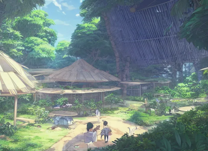 Prompt: A colony under construction in the jungle, peaceful and serene, solarpunk, wide perspective, soft lighting, anime film still, by Makoto Shinkai and studio ghibli, cell shading, high details