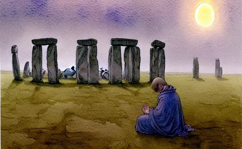 Image similar to a hyperrealist watercolour character concept art portrait of one small grey medieval monk kneeling down in prayer in front of a complete stonehenge monument on a misty night. a huge stone is floating above stonehenge. by rebecca guay, michael kaluta, charles vess and jean moebius giraud