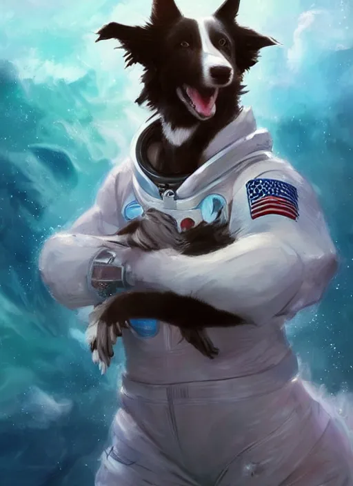 Image similar to beautiful portrait of a cute male anthropomorphic border collie fursona wearing a spacesuit in the ocean. by charlie bowater, henry asencio, and ross tran. scenic background, detailed, concept art, detailed hands, glamor pose, aesthetic, trending on artstation, top rated on furaffinity and deviantart