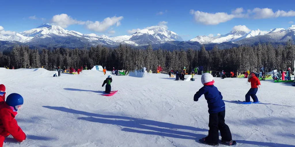 Image similar to children make snowtubing, snowpark, clear weather, mountains at beckground, realistic, 4 k,