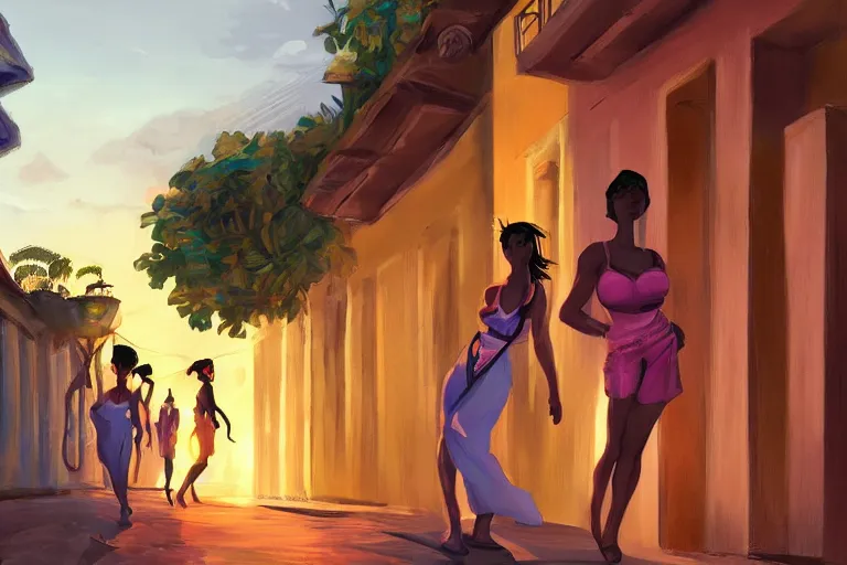 Image similar to concept art, painting of cuban women in havana, digital anime art, good lighting, sunset