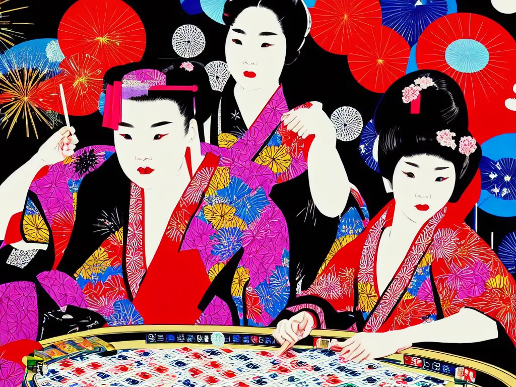 Image similar to hyperrealistic composition of the detailed woman in a japanese kimono sitting at a poker table with detailed darth vader, fireworks, mount fuji on the background, pop - art style, jacky tsai style, andy warhol style, acrylic on canvas