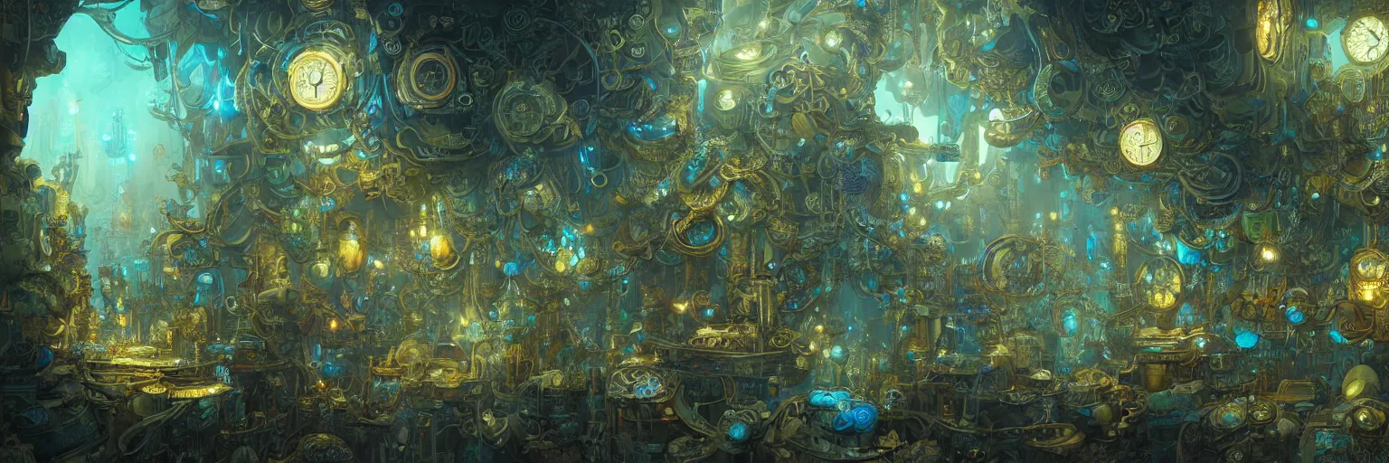 Prompt: Marc Simonetti, Mike Mignola, smooth polished metal with detailed line work, Mandelbulb flowers and trees, Exquisite detail, blue neon details, green neon details, white neon details, hyper detailed, intricate illustration, golden ratio, steampunk, smoke, neon lights, steampunk desert background, by peter mohrbacher