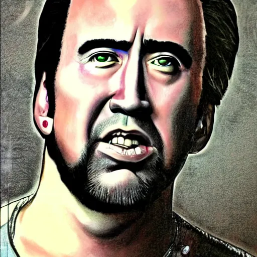 Prompt: nic cage as drawn by junior ito, buff, mangw portrait, highly detailed,