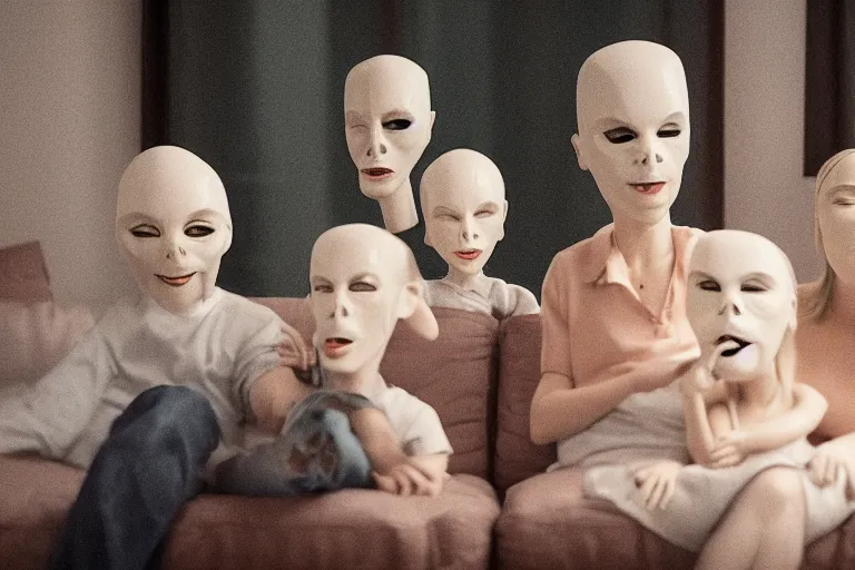 Image similar to family with actor's ceramic masks watching tv, style of henrik sahlstrom and paolo roversi, 8 k, sharp focus, soft light, volumetric lighting, highly detailed realistic, refined, artstation