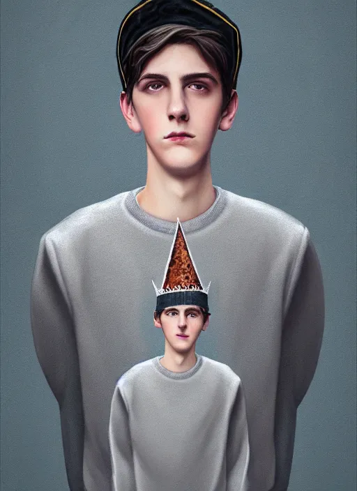 Image similar to portrait of teenage jughead jones wearing a light grey crown, photorealistic, crown, sweater with letter s on it, hamburger, eyes closed, crown, black hair, intricate, elegant, glowing lights, highly detailed, digital painting, artstation, concept art, smooth, sharp focus, illustration, art by wlop, mars ravelo and greg rutkowski