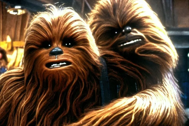 Prompt: A high quality movie still from the film Goonies, starring Chewbacca