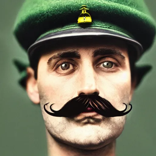 Prompt: Close up portrait of an Italian man with a moustache and a green hat with a L in the middle as a 1940's soldier, photograph, 35mm, colorized, damaged, realistic, detailed