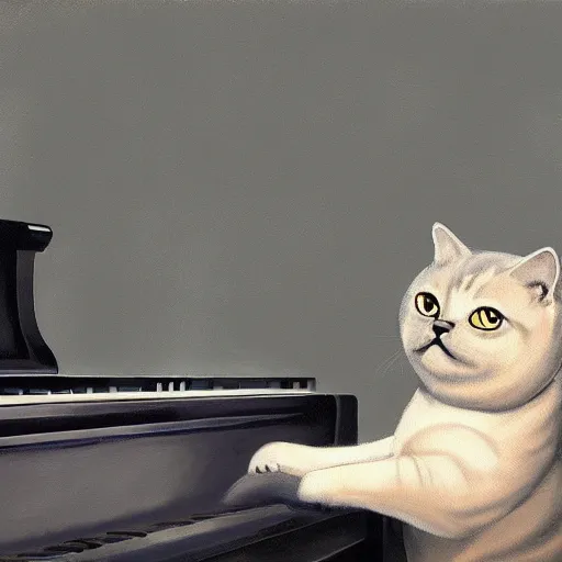 Image similar to grey british shorthair cat playing the piano, detailed painting in the style of ralph mcquarrie 4 k