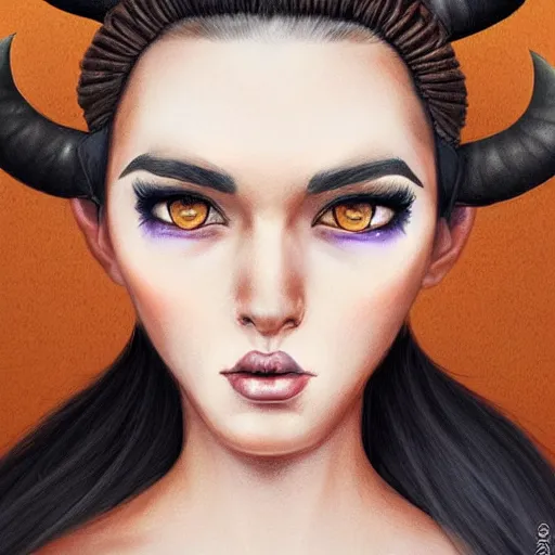 Image similar to illustrated realistic portrait of ram-horned devil woman with blue bob hairstyle and her tan colored skin and with solid black eyes wearing leather by rossdraws