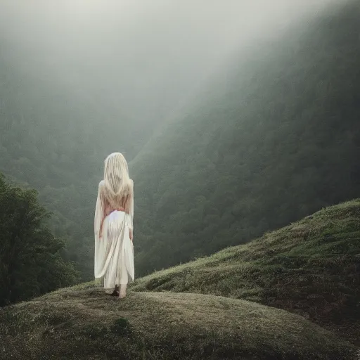 Prompt: ethereal goddess in a misty mountain valley