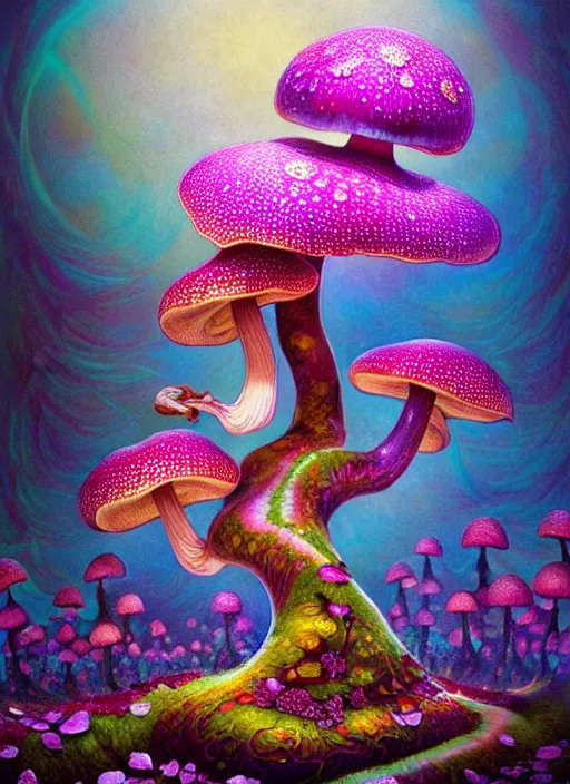 Image similar to extremely psychedelic organic shman made of orchid and cherry blossom tree and mushroom, diffuse lighting, fantasy, intricate, elegant, highly detailed, lifelike, photorealistic, digital painting, artstation, illustration, concept art, smooth, sharp focus, art by John Collier and Albert Aublet and Krenz Cushart and Artem Demura and Alphonse Mucha