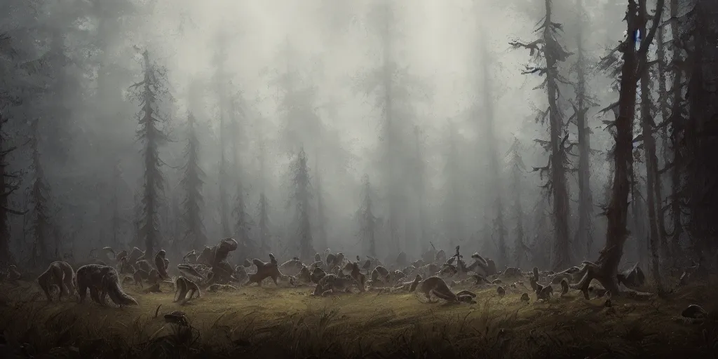 Prompt: a painting of a group of medieval villagers being attacked by wolves in a foggy dense forest by greg rutkowski, dark fantasy art, high detail, trending on artstation