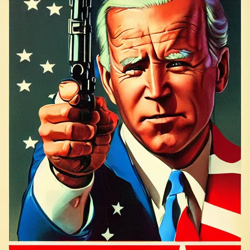 Image similar to propaganda poster of joe biden pointing gun directly at camera in james bond movie, closeup of gun, visible barrel and grip by j. c. leyendecker, bosch, lisa frank, jon mcnaughton, and beksinski