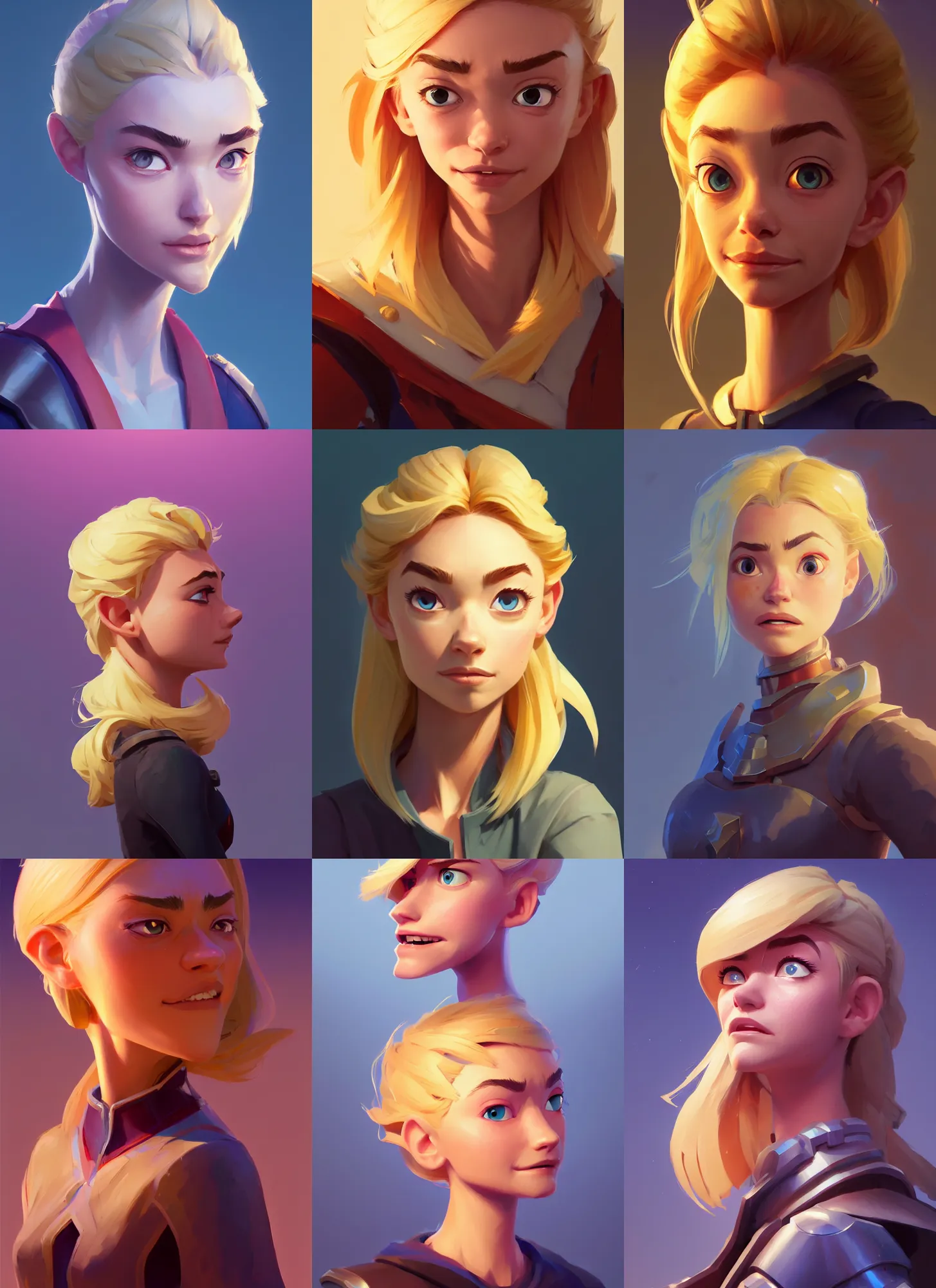 Prompt: just one head, portrait, Imogen Poots Paladin, blonde hair, Arcane DOTA Blizzard pixar, maya engine on stylized background global illumination lighting, official fanart behance hd artstation by Jesper Ejsing, by RHADS and Makoto Shinkai and Lois van baarle and ilya kuvshinov and rossdraws