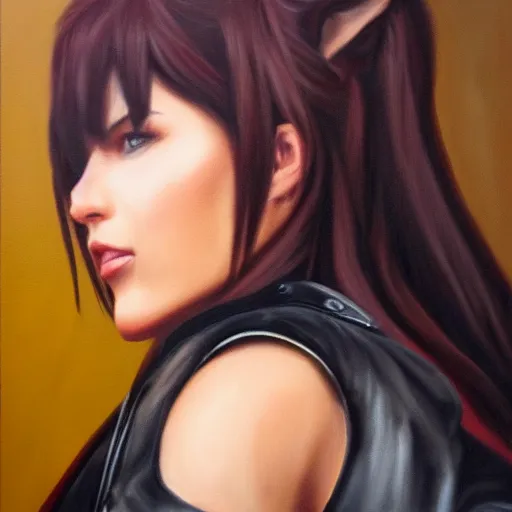 Image similar to perfect, realistic oil painting of close-up Tifa wearing leather jacket