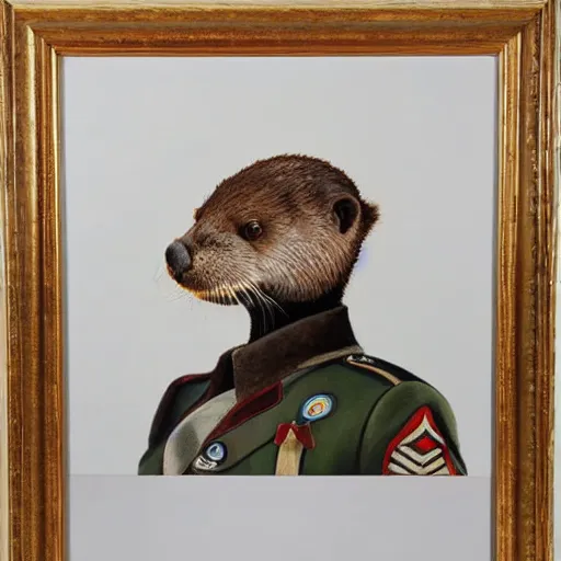Prompt: oil painting of an anthropomorphic otter in military uniform, amazing detail, hyper realism,