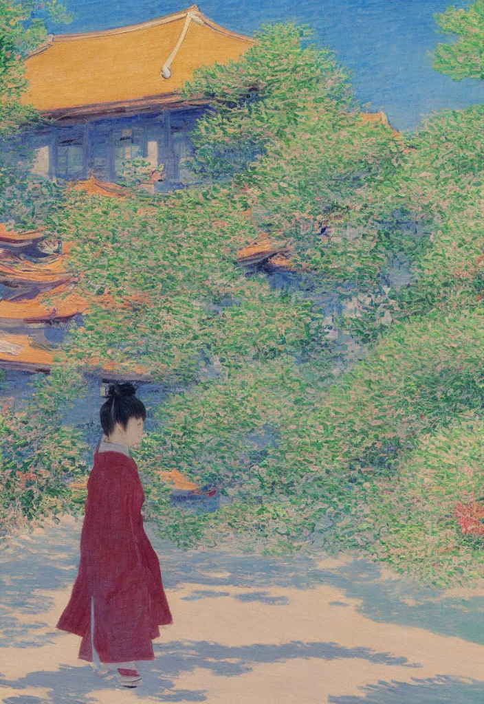 Prompt: tiny samurai in front of a futuristic japanese country side landscape, edo era house in the background, blue sky, magnificient clouds, lofi vibe, vivide colors, amazing light, really beautiful nature, oil painting, impressionist style, by claude monet, by ghibli, kandinsky touches, multiple brush strokes, masterpiece