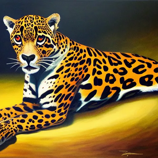 Image similar to graceful jaguar in summer nigt, acid colours, oil paint on canvas, sharp textures, biotechnology, nikolay georgiev, alex ross, bruce pennington, donato giancola, larry elmore, masterpiece, trending on artstation, featured on pixiv, cinematic composition, sharp, details, hyper - detailed, hd, hdr, 4 k, 8 k