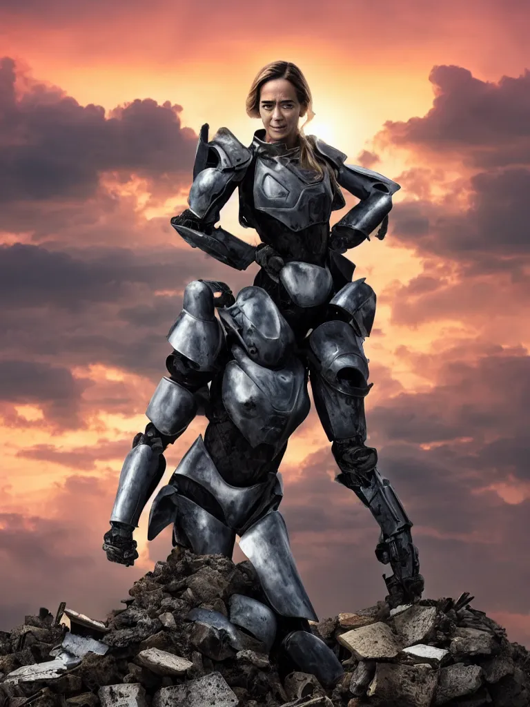 Prompt: a solitary figure standing atop a pile of rubble, emily blunt in futuristic power armor, close up portrait, resting a sword on her shoulder, sunset and huge cumulus clouds behind her